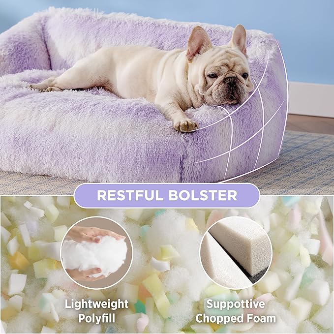Lesure Dog Bed Medium Size - Cute Furry Calming Puppy Beds, Rectangle Washable Indoor Pet Beds with Removable Zipper Cover, 35x25x11inches, Purple Stripe