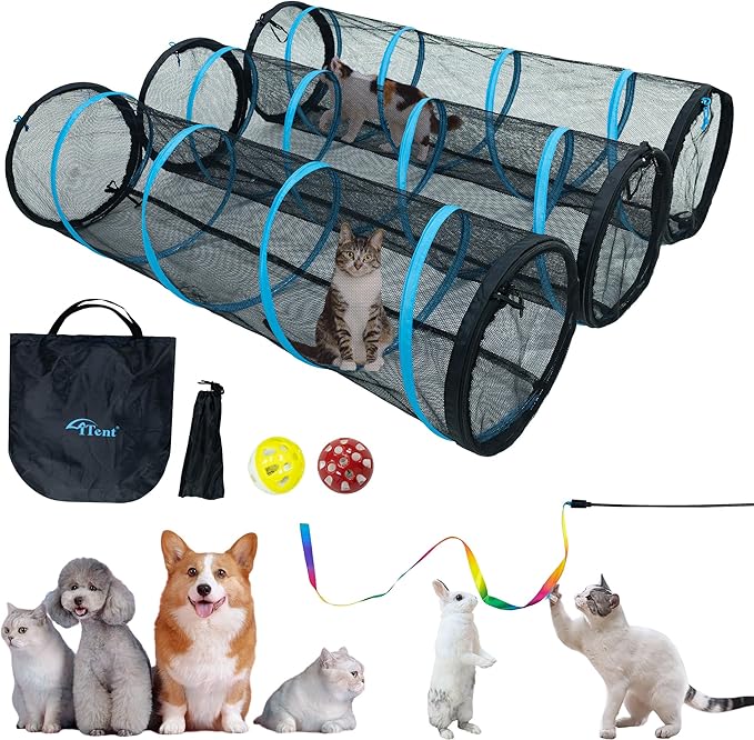 Cat Play Tunnel-3 Packs for Indoor and Outdoor,Cat Tunnel Outdoor,Cat Outdoor Enclosure, Cat Enclosures Easy to Connect with Two Zipper Doors,Product Size 59'' x 18'',3pcs /Set,Blue Trim