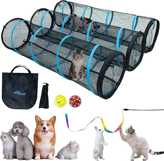 Cat Play Tunnel-3 Packs for Indoor and Outdoor,Cat Tunnel Outdoor,Cat Outdoor Enclosure, Cat Enclosures Easy to Connect with Two Zipper Doors,Product Size 59'' x 18'',3pcs /Set,Blue Trim