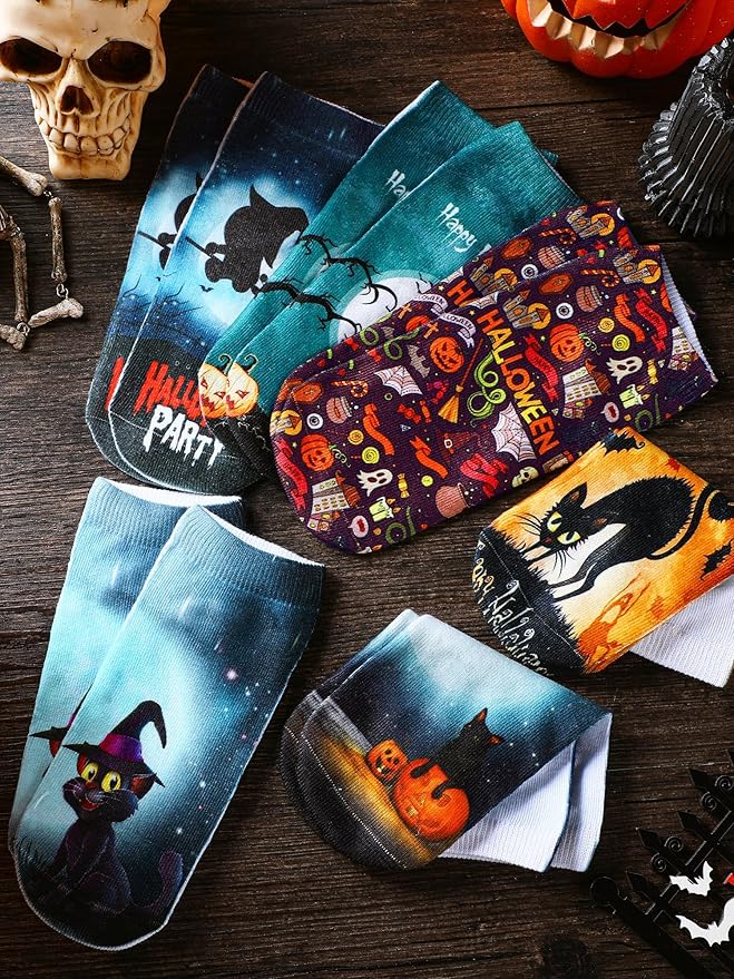 Boao 6 Pieces Christmas Socks 3D Print Short Casual Funny Halloween Pumpkin Cat Ankle Socks