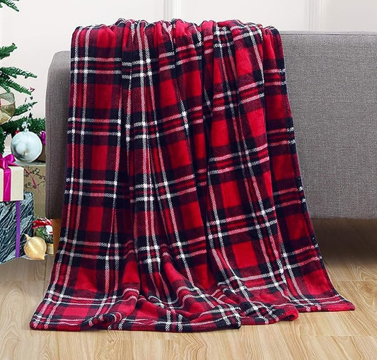 Elegant Comfort Luxury Velvet Super Soft Christmas Prints Fleece Blanket-Holiday Theme Home Décor Fuzzy Warm and Cozy Throws for Winter Bedding, Couch and Gift, 50 x 60 inch, Red Plaid