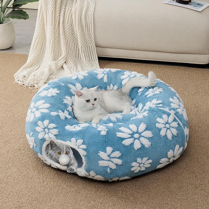 Cat Tunnel for Indoor Cats, Cute Peekaboo Cat Cave Play Tunnel with Dangling Balls, Pet Donut Tunnel Bed with Circle Mat for Cat Puppy Kitten Rabbit, Blue