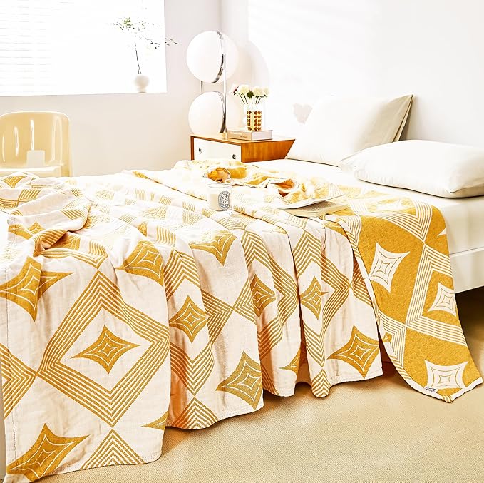 MEJU Diamond Modern Checks Fashion Stripe All Season Blanket Decorative for Bed Sofa Couch 100% Cotton 3 Layer Soft Warm Reversible Bedspread Throw Blanket Bed Coverlet Sheet Yellow F/Q 80 in x 90 in