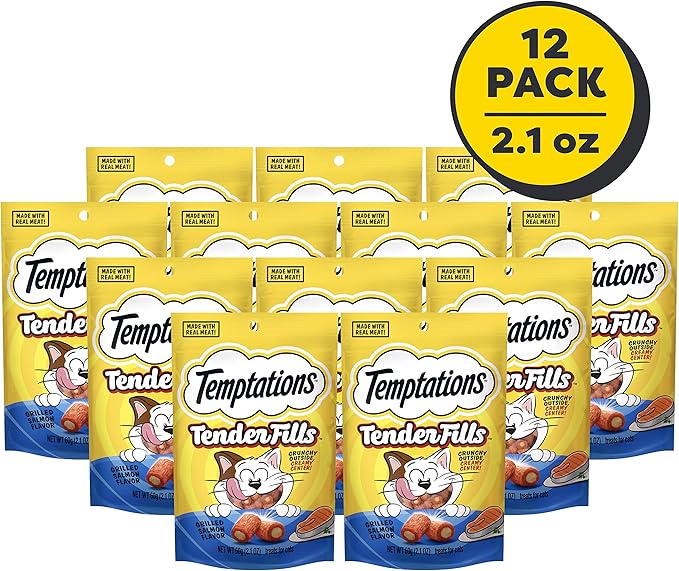 Temptations Tender Fills Grilled Salmon Flavor Crunchy and Soft Adult Cat Treats, 2.1 oz. Pouch (Pack of 12)