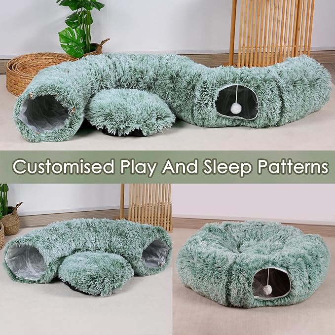 Cat Tunnel Bed for Indoor Cats, Catasaurus Peekaboo Cat Cave with Washable Soft Play Mat, Furry Cat Tube, for Kitten/Puppy/Rabbit, Green