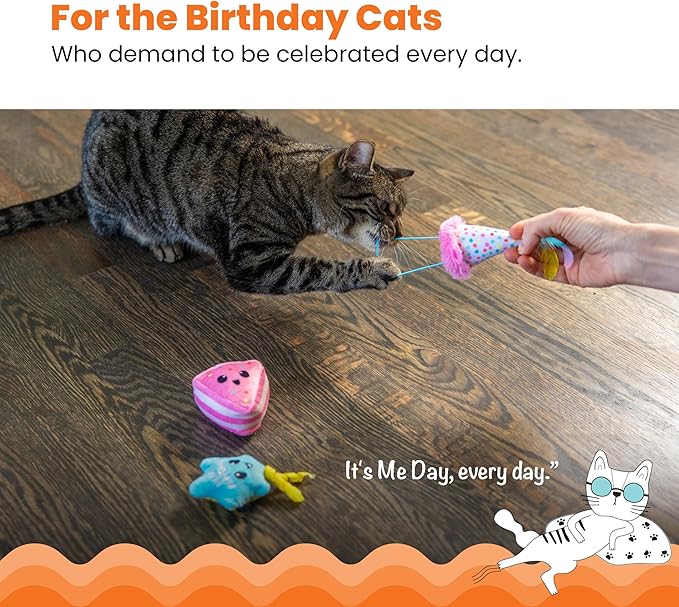Catstages Happy Purrthday Birthday Themed Plush Catnip Blend Cat Toys, 3Pk, Multicolored