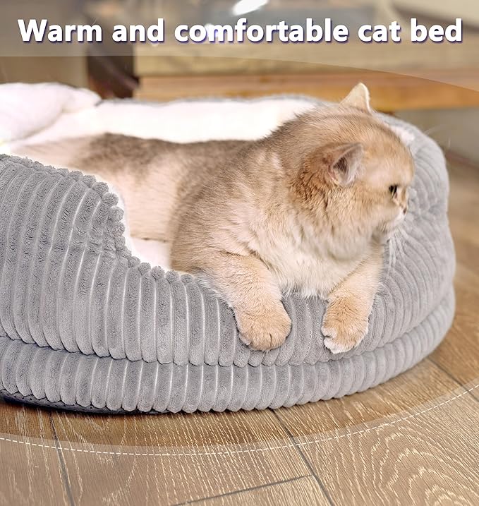 Cat Beds for Indoor Cats,with Soft Hooded Blanket.Comfortable Cute cat Bed,Removable Inner pad Washable with Non-Slip Bottom,Cozy Kitten、Small Dog Bed (Grey)