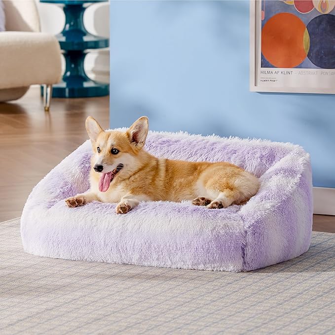 Lesure Dog Bed Medium Size - Cute Furry Calming Puppy Beds, Rectangle Washable Indoor Pet Beds with Removable Zipper Cover, 35x25x11inches, Purple Stripe