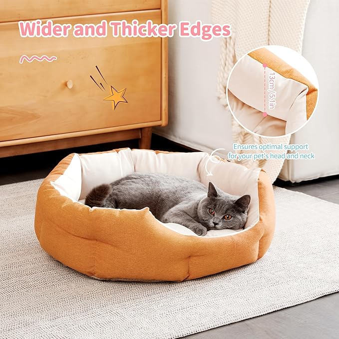 Made4Pets Cat Beds for Indoor Cats - Dog Beds for Small Dogs, Round Pet Bed for Puppy and Kitten, Washable Dog Bed with Anti-Slip Bottom, Removable Dual-Fabric Cushion for All Season, Orange