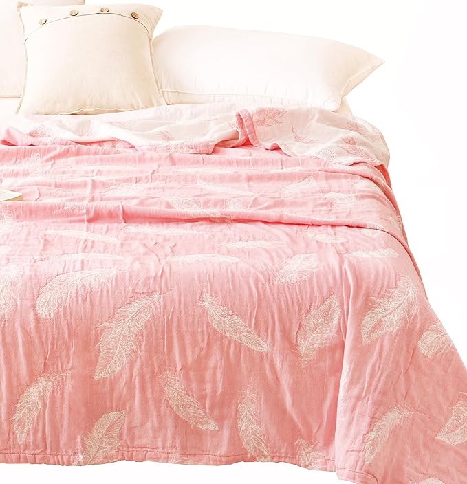 MEJU Feather Pink White Cute Modern Fashion All Season Blanket Throw for Bed Sofa Couch 100% Cotton 3 Layer Soft Warm Reversible Bedspread Throw Blanket Bed Coverlet Sheet Twin 60 in x 80 in