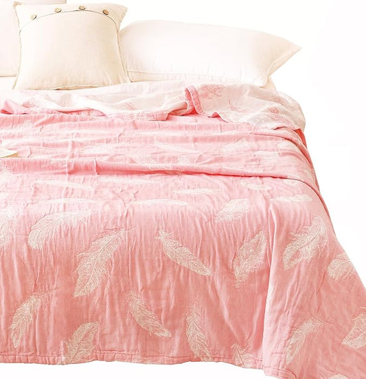 MEJU Feather Pink White Cute Modern Fashion All Season Blanket Throw Decorative for Bed Sofa Couch 100% Cotton 3 Layer Soft Warm Reversible Bedspread Throw Blanket Bed Coverlet Sheet F/Q 80 in x 90 in