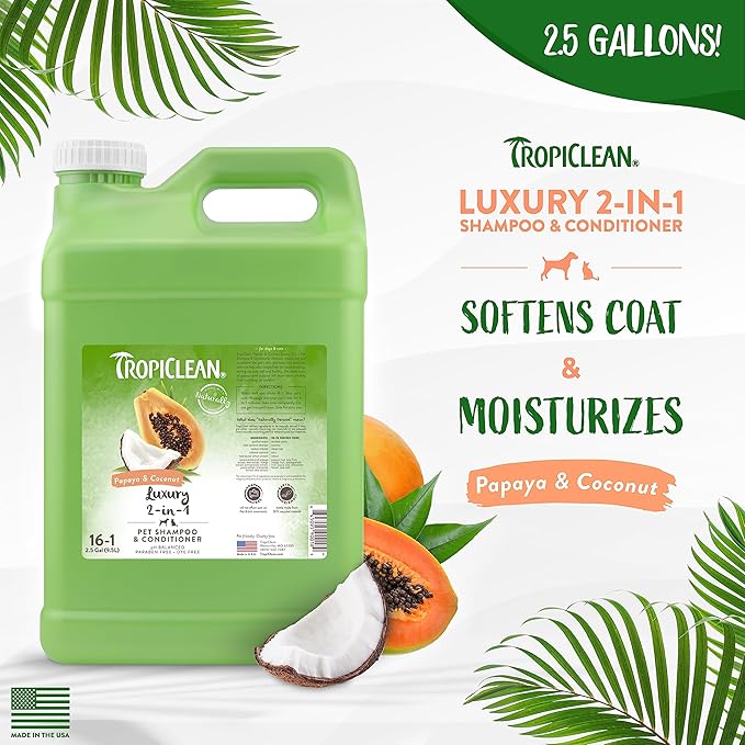TropiClean 2-in-1 Papaya & Coconut Dog Shampoo and Conditioner | Natural Pet Shampoo Derived from Natural Ingredients | Cat Friendly | Made in the USA | 2.5 gallon