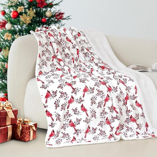 Elegant Comfort Reversible and Ultra-Plush Flannel Fleece-Winter Christmas Sherpa Throw- Lightweight Soft and Cozy-Holiday Decorative Throw, Perfect for Lounging, 50 x 60 inches, Red Cardinal