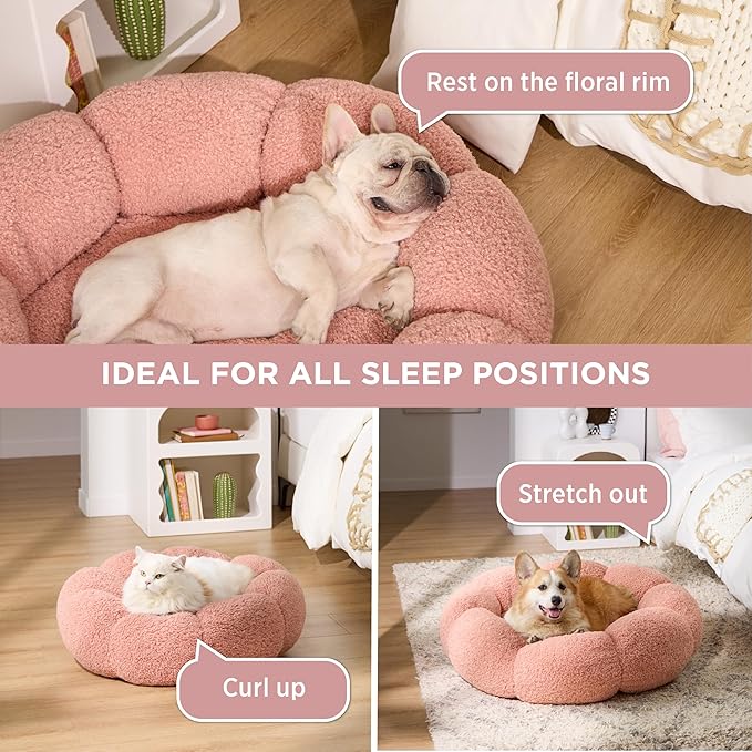 Lesure Calming Large Dog Bed - Flower Donut Round Fluffy Puppy Bed in Plush Teddy Sherpa, Non-Slip Cute Flower Dog Beds, Large Pet Bed Fits up to 100 lbs, Machine Washable, Pink 36"