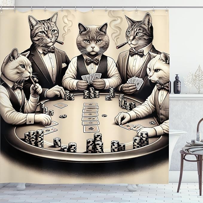Ambesonne Cat Shower Curtain, Vintage Gentleman Kitties Playing Poker Monochrome Effect Gambling Table Print, Cloth Fabric Bathroom Decor Set with Hooks, 69" W x 75" L, Ivory Dark Taupe