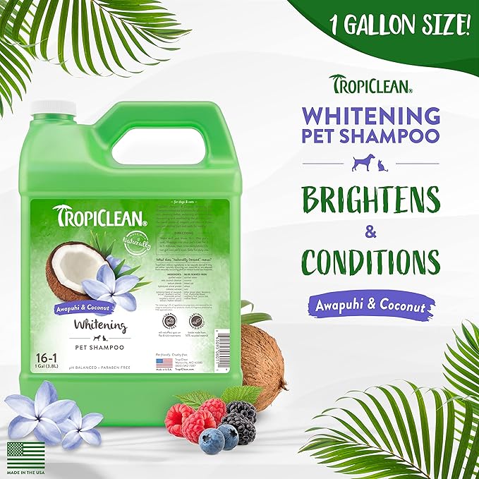 TropiClean Whitening Cat & Dog Shampoo, Puppy & Kitten Safe, Whitening & Brightening, For All Coat & Color Types, Made in the USA, 1 gallon