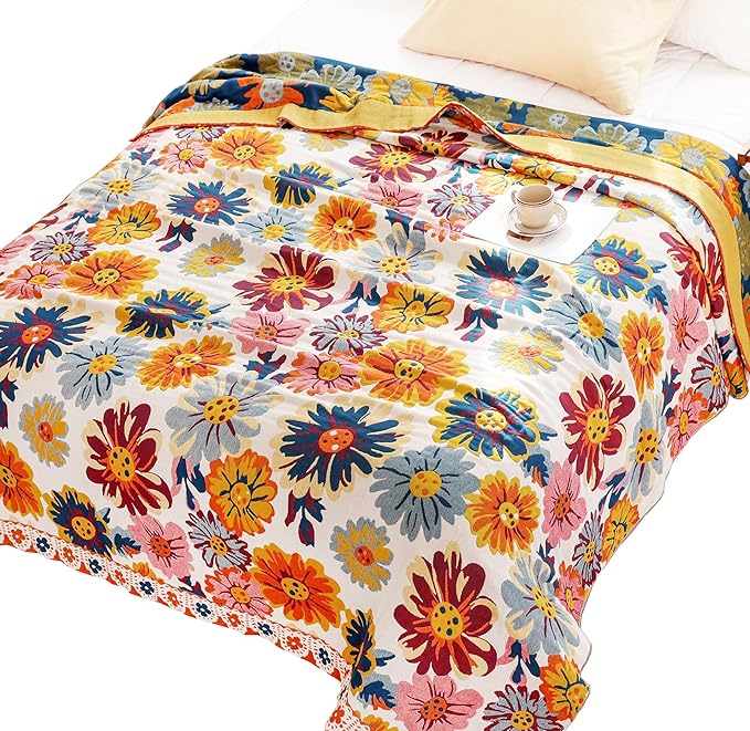 MEJU Boho Reversible Rustic Farmhouse Colourful Flower Bloom Daisy Blanket Twin for Bed Sofa Couch, 100% Combed Cotton 4 Layer Soft Warm Floral Throw Blanket Bed Coverlet Sheet F/Q 80 in x 90 in