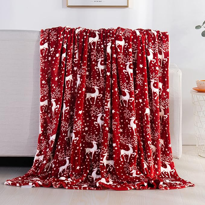 Elegant Comfort Luxury Velvet Super Soft Christmas Prints Fleece Blanket-Holiday Theme Home Décor Fuzzy Warm and Cozy Throws for Winter Bedding, Couch and Gift, 50 x 60 inch, Red Reindeer