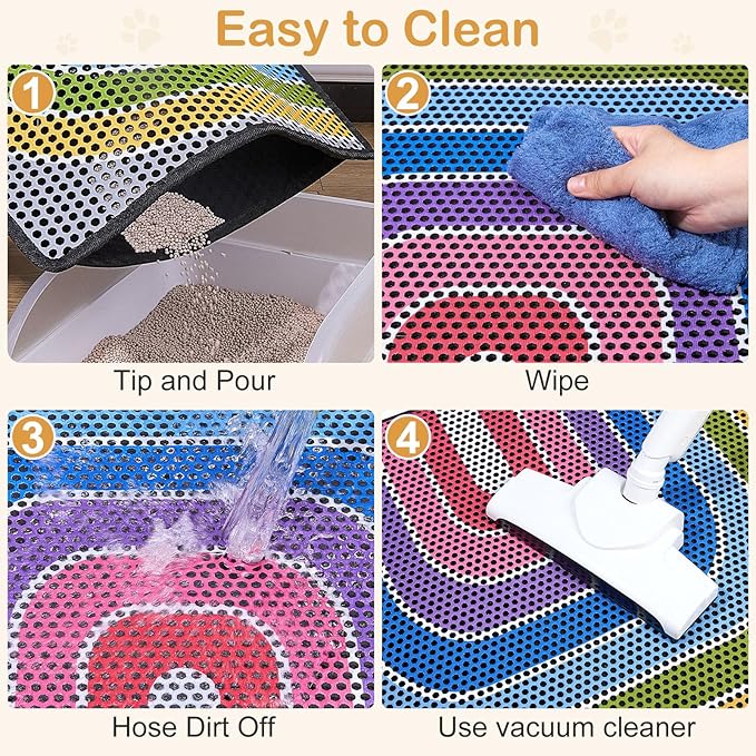 Bienbee Cat Litter Mat, 30"x24" Cat Litter Trapping Mat, Double Layer Litter Mat with Non-Slip Rubber Bottom, Urine and Water Proof, Keeps Floors Clean Rainbow L