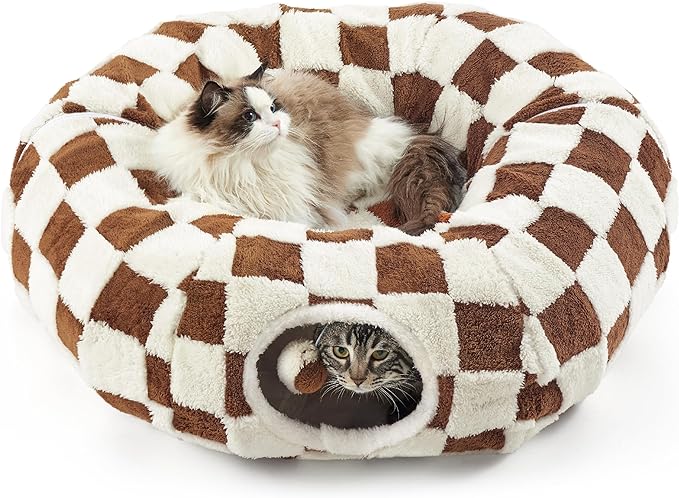 Lesure Cat Tunnel Bed for Indoor Cats - Cute Cat Donut Tunnel with Washable Circle Cushion, Round Pet Play Tunnel Toy for Kitten/Puppy/Rabbit,Brown