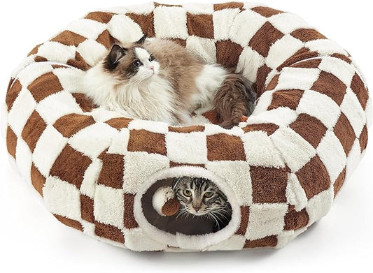 Lesure Cat Tunnel Bed for Indoor Cats - Cute Cat Donut Tunnel with Washable Circle Cushion, Round Pet Play Tunnel Toy for Kitten/Puppy/Rabbit,Brown
