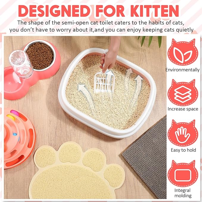 5 Pcs Small Cat Kitten Starter Kit Include Cat Litter Box with Shovel Cat Paw Litter Mat Scratch Pad Automatic Cat Bowls Turntable Cat Toys Balls Cat Essentials Kits for Cats Life(Pink)