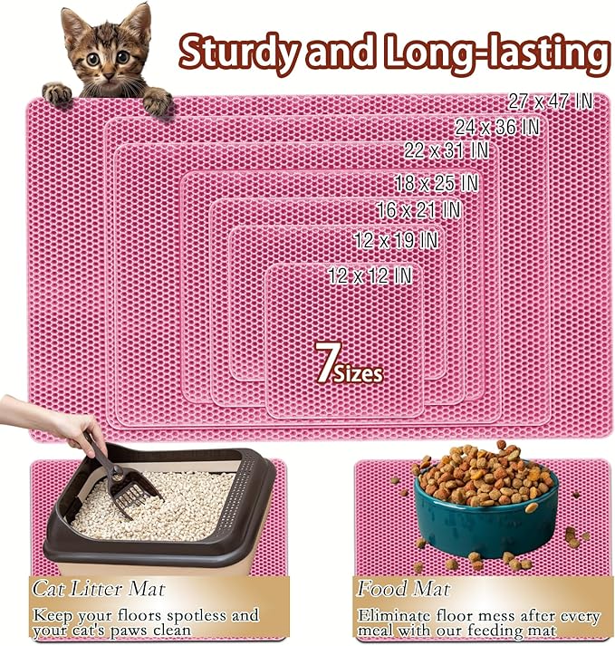 2025 𝗡𝗘𝗪 Waterproof Cat Litter Mat | Double Layer EVA, Odor-Free Large Grid | Urine Proof & Easy Cleanup | Soft on Paws | Versatile Design for Litter and Feeding (Pink, 18×25)