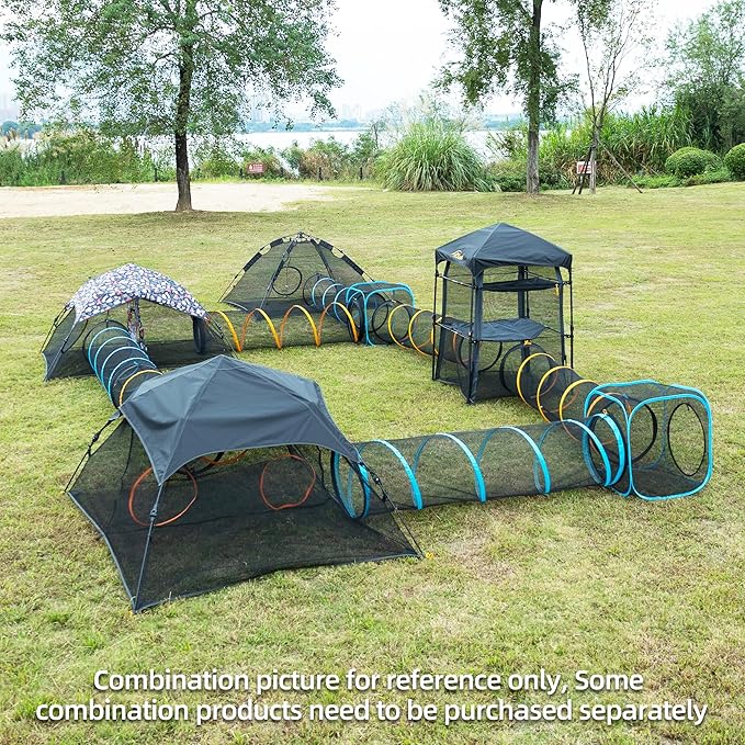 Cat Play Tunnel + Cube(with Three Ways) for Indoor and Outdoor, Cat Play House, Cat Enclosures, Collapsible Cat Cube, Tunnel, Cat Toys Easy to Connect with Cat Tent（2 Cubes + Run Tunnel）
