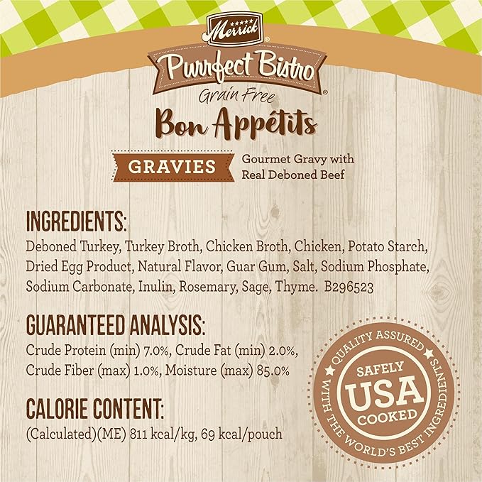 Merrick Purrfect Bistro Bon Appetits Premium Grain Free Wet Cat Food Topper, Turkey Recipe Chunks in Gravy - (Pack of 24) 3 oz. Pouches