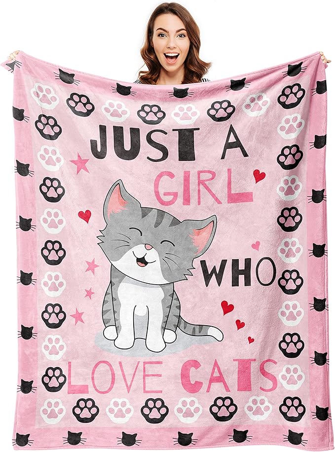 Cute Cat Throw Blanket Ultra Soft Warm Cozy Lightweight Microfiber Blankets, Just a Girl Who Loves Cats, Flannel Sherpa Fuzzy Fluffy Plush Throws for Sofa Couch Bedding All Season 60"x50"