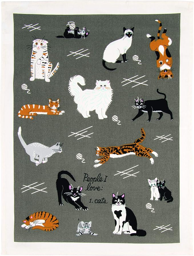Blue Q Funny Dish Towel. 100% Cotton, Screen-Printed in Rich Vibrant Colors, Measures 28" h x 21" w. 1 EA (People I Love: Cats)
