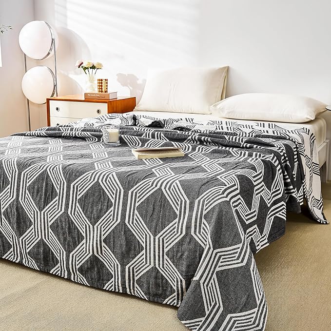 MEJU Black Modern Checks Fashion Stripe All Season Blanket Decorative for Bed Sofa Couch 100% Cotton 3 Layer Soft Warm Reversible Bedspread Throw Blanket Bed Coverlet Sheet Black F/Q 80 in x 90 in