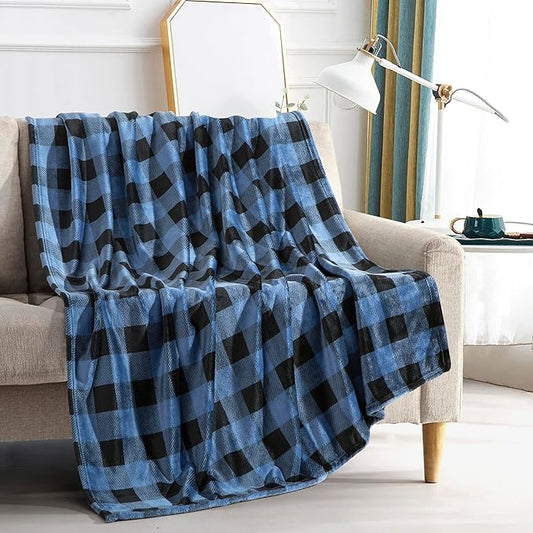 Elegant Comfort Velvet Touch Ultra Plush Christmas Holiday Buffalo Plaid Fleece Throw/Blanket-50 x 60inch, Buffalo Blue