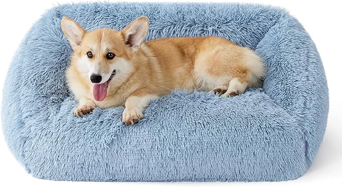 Lesure Dog Bed Medium Size - Cute Furry Calming Puppy Beds, Rectangle Washable Indoor Pet Beds with Removable Zipper Cover, 35x25x11inches, Blue