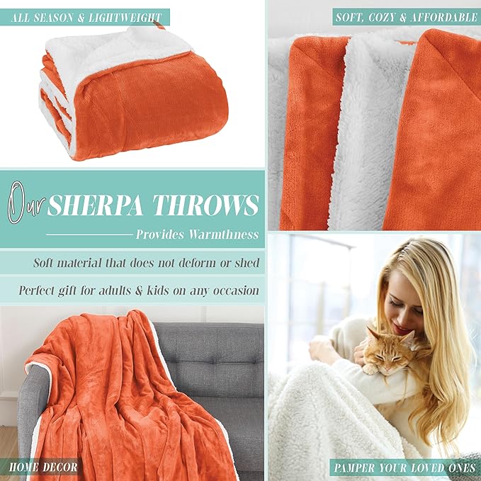 Elegant Comfort Reversible and Ultra-Plush Flannel Fleece Sherpa Throw- Lightweight Soft and Cozy- All Season Decorative Throw, Perfect for Lounging, 50 x 60 inches, Orange