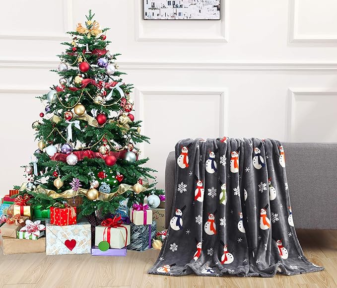 Elegant Comfort Luxury Velvet Super Soft Christmas Prints Fleece Blanket-Holiday Theme Home Décor Fuzzy Warm and Cozy Throws for Winter Bedding, Couch and Gift, 50 x 60 inch, Snowman Flake Gray