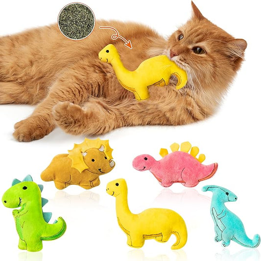 MALLMALL6 5Pcs Dinosaur Catnip Toys for Cat, Indoor Cat Chew Bite Bunny Kick Plush Catmint Pet Toys Supplies for Cat Lover Gifts, Interactive Cat Toy with Cute Expression for Pet Presents