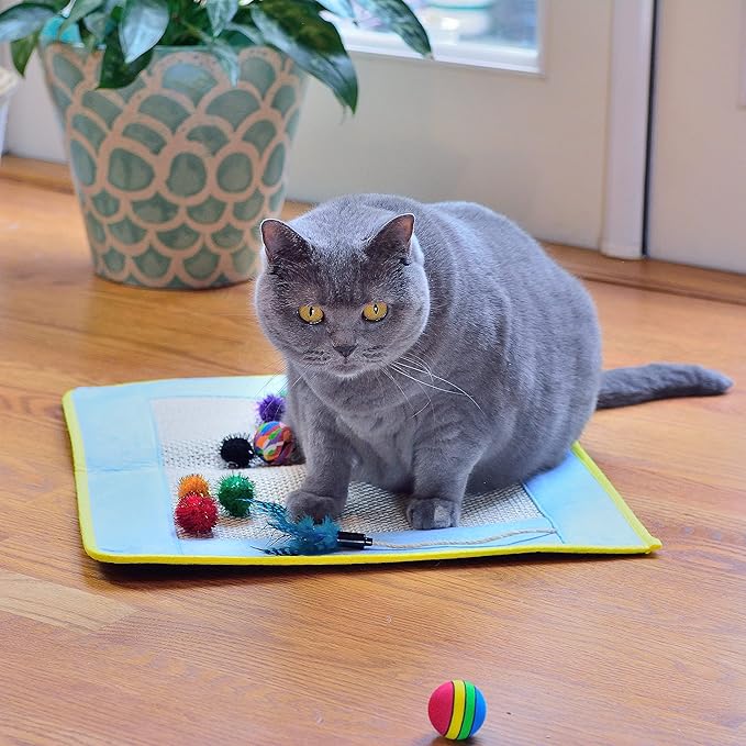 Youngever 18 Cat Toys Kitten Toys Assortments, Cat Teaser Wand, Interactive Bell Toy, Sparkle Balls for Cat, Puppy, Kitty, Kitten (with Square Tunnel and Scratching Mat)