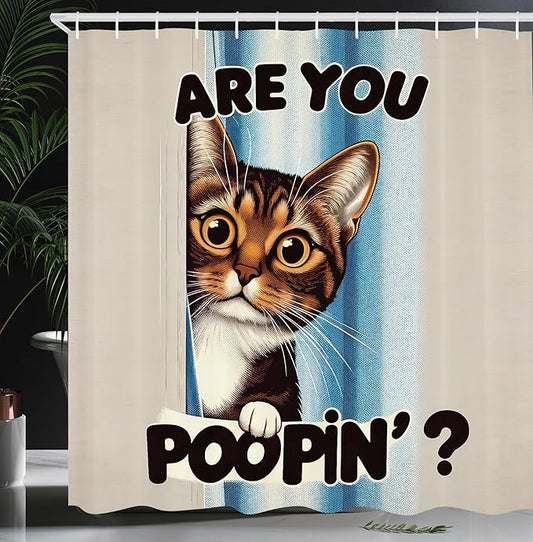 Ambesonne Cat Shower Curtain, Vintage Curious Brown Kitten with are You Poopin' Writing Joke Humor Themed, Cloth Fabric Bathroom Decor Set with Hooks, 69" W x 84" L, Blue Coconut Chocolate
