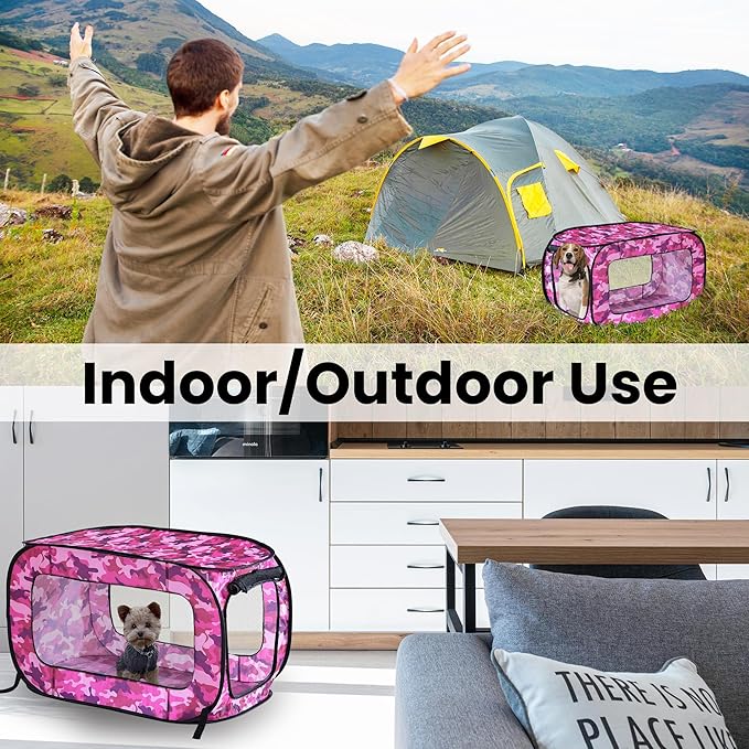 Beatrice Home Fashions Portable, Collapsible, Pop Up Kennel Travel Cat and Dog Crate, 24" L x 16.6" W x 16" H, Camo Pink