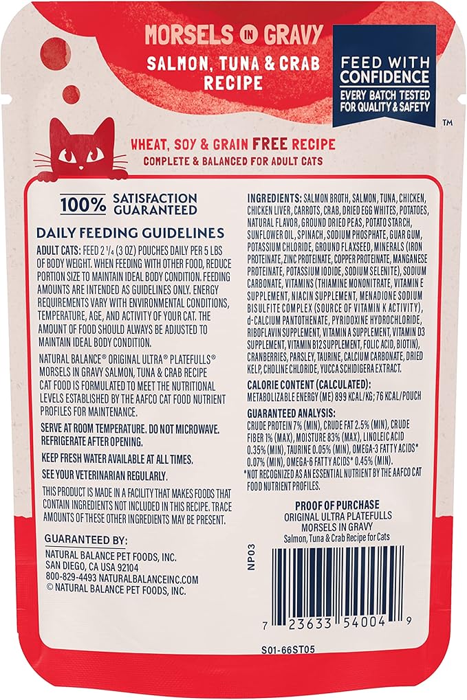Natural Balance Original Ultra Platefulls Adult Grain-Free Wet Cat Food, Salmon, Tuna & Crab Recipe in Gravy, 3 Ounce Pouch (Pack of 24)