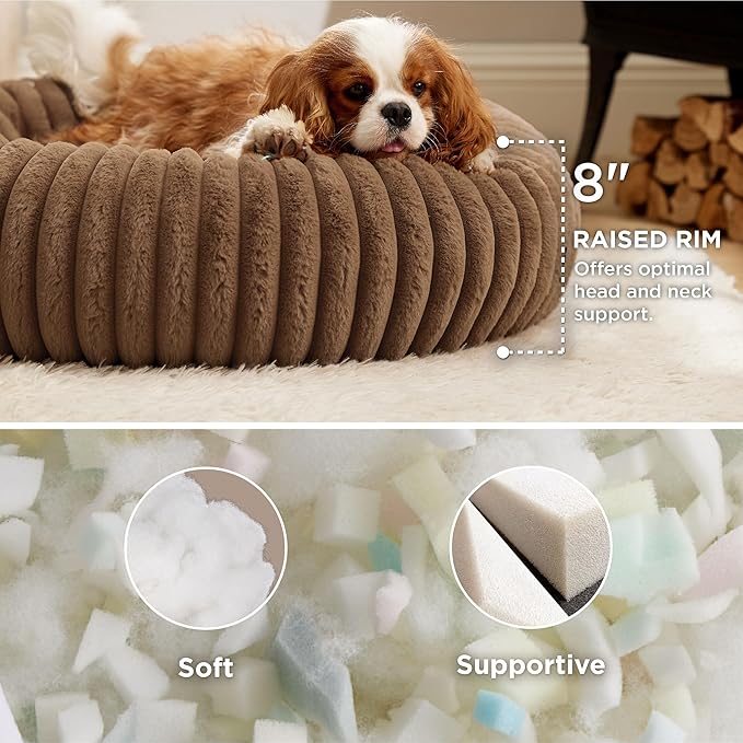Bedsure Donut Medium Dog Bed - Washable Faux Fur Dog Bed Medium Size Dog with Corduroy Fleece & Anti Slip Bottom, Round Pet Beds with Removable Cover, Copper Brown, 30x30x8 inches