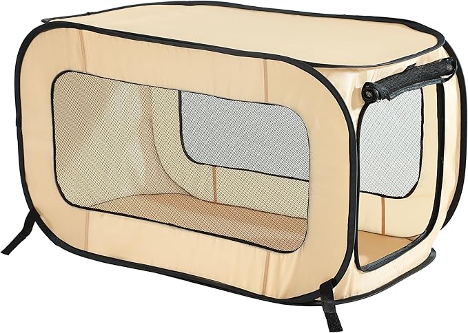 Beatrice Home Fashions Portable, Collapsible, Pop Up Kennel Travel Cat and Dog Crate, 40" L x 27" W x 27" H, Beige