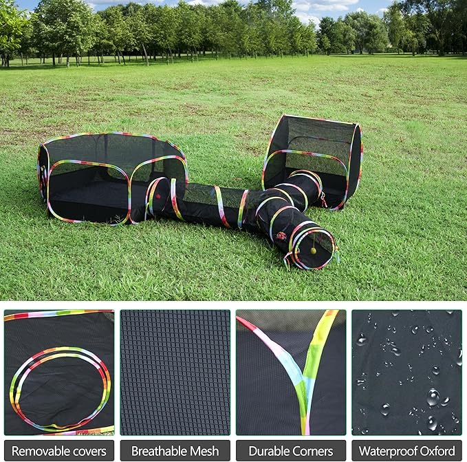 Outdoor Cat Enclosures Playground with Cat Toy Balls, Portable Cat Playpen Enclosed for Indoor Cats Includes 3 Way Cat Tunnel+Cat Tent+Pet Playhouse, Cat Outdoor Enclosure for Small Animals