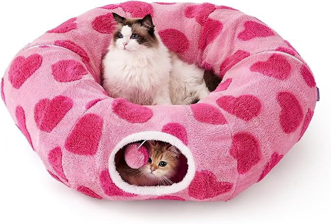 Lesure Cat Tunnel Bed for Indoor Cats - Cute Cat Donut Tunnel with Washable Circle Cushion, Round Pet Play Tunnel Toy for Kitten/Puppy/Rabbit, Pink Hearts