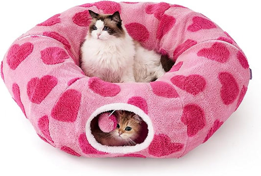Lesure Cat Tunnel Bed for Indoor Cats - Cute Cat Donut Tunnel with Washable Circle Cushion, Round Pet Play Tunnel Toy for Kitten/Puppy/Rabbit, Pink Hearts