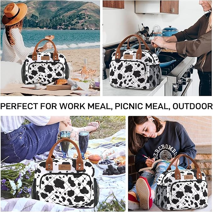 Buringer HOMESPON Lunch Bag for Woman Man Adults with Front Pocket Insulated Lunch Tote Lunch Box Container for Work Picnic or Travel（Cow with Side Pockets）