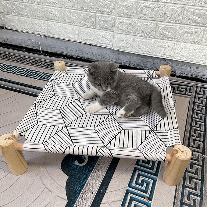 Pozico Cat/Dog Bed Hammock Cat Bed, Wooden Dog Elevated Indoor Outdoor Beds, Raised Cat Cots Furniture Pet Bed Puppy Bed Portable Breathable Mesh Cat Beds for Small Animals-White Diamond