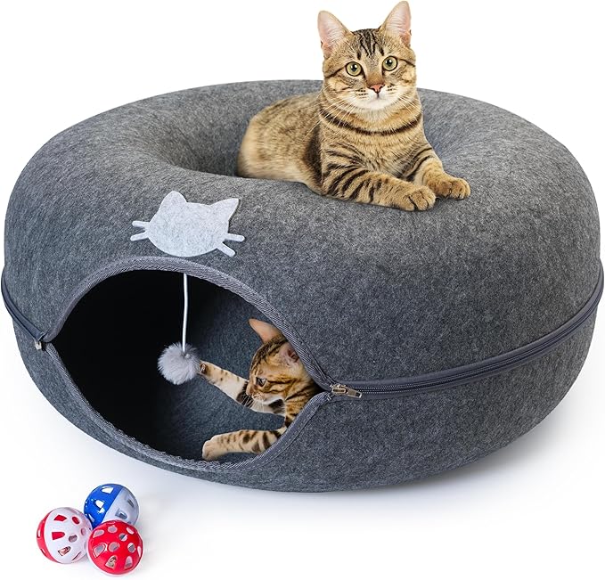 Meow Mansion Cat Cave Donut Bed - Cat Tunnel Bed for Large Cats up to 30lbs - 3 Toy Balls & Hanging Ball Included - Scratch Resistant, Detachable and Cleanable Cat Donut Bed