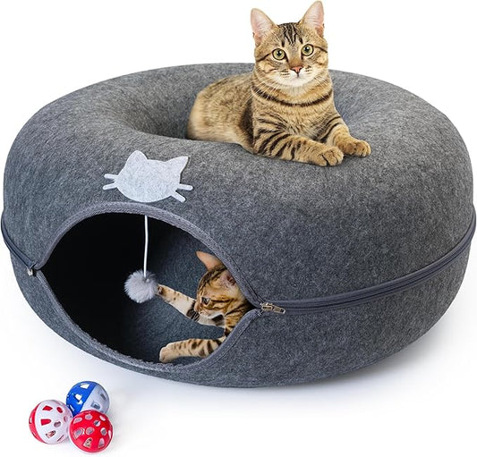 Meow Mansion Cat Cave Donut Bed - Cat Tunnel Bed for Large Cats up to 30lbs - 3 Toy Balls & Hanging Ball Included - Scratch Resistant, Detachable and Cleanable Cat Donut Bed